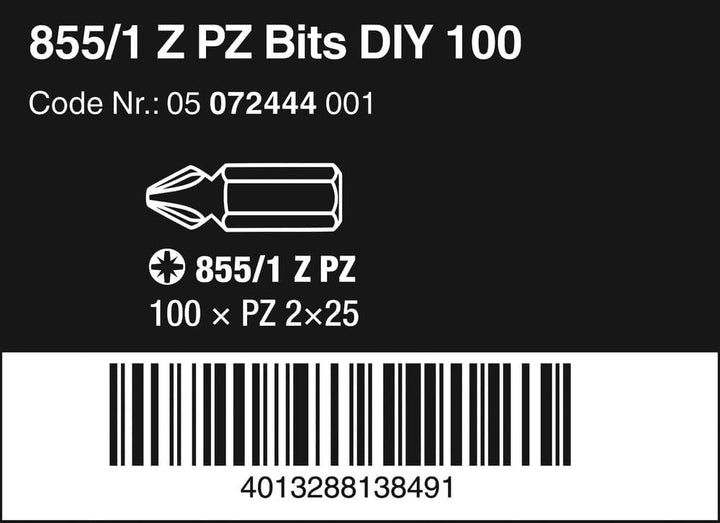 Wera 05072444001 855/1 Z DIY, Pozidriv Bits, PZ 2 x 25 mm, 100-teilig, PZ 2