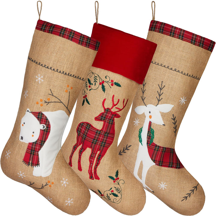 BRUBAKER 3er Set Weihnachtsstrümpfe zum Befüllen und Aufhängen - Rentiere und Eisbär - 52 cm grosse