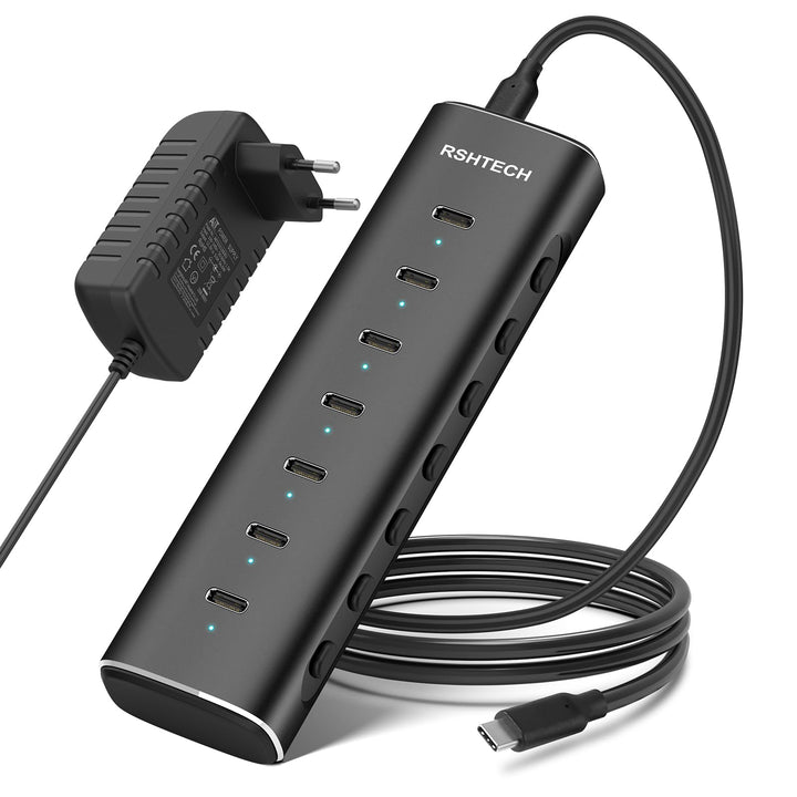 RSHTECH Alle 7 Anschlüsse sind USB-C Hub 3.2 mit Netzteil - Aktiver Verteiler 3.1 - Aktiv Schaltbaer
