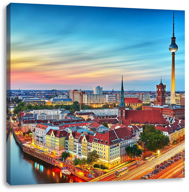Berlin City Panorama, Format: 70x70 auf Leinwand, XXL riesige Bilder fertig gerahmt mit Keilrahmen,