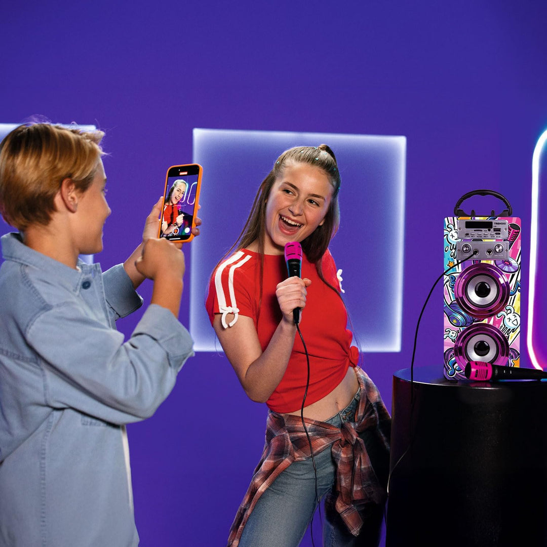 TRENDIX - Karaoke Maschine Kinder | Rosa Karaoke Anlage | Karaoke Anlage mit 2 Mikrofonen, Radio FM,