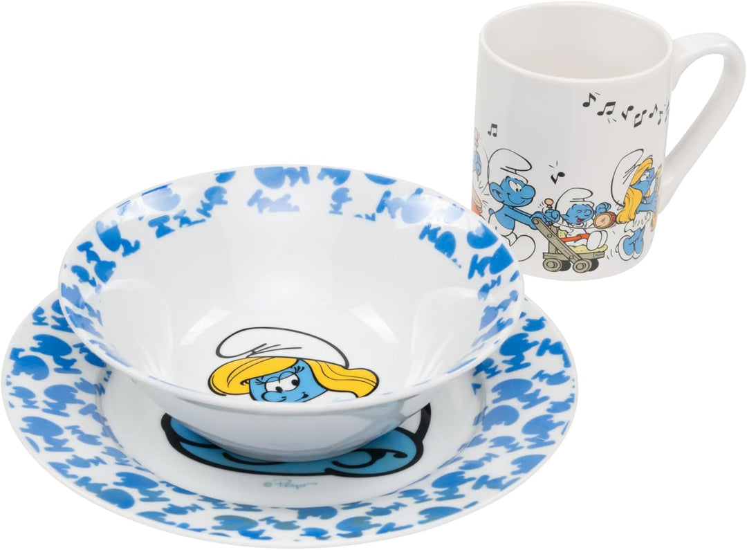 Die Schlümpfe Frühstücksset für Kinder - Geschirr Set 3-tlg. Teller, Schale & Tasse aus Porzellan Bl
