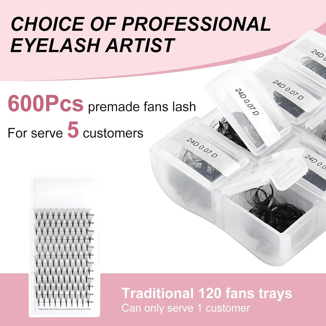 FADLASH 2024 Version Professionell Mixed 600pcs Lash Fächer 24D 14-20mm 0,07mm D Curl Fertig Volumen