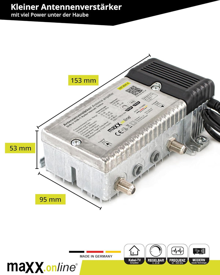 maxx.onLine Antennenverstärker für Kabelfernsehen 33 dB Verstärkung mit Rückkanal 1 GHz, DVB-T2, Hau