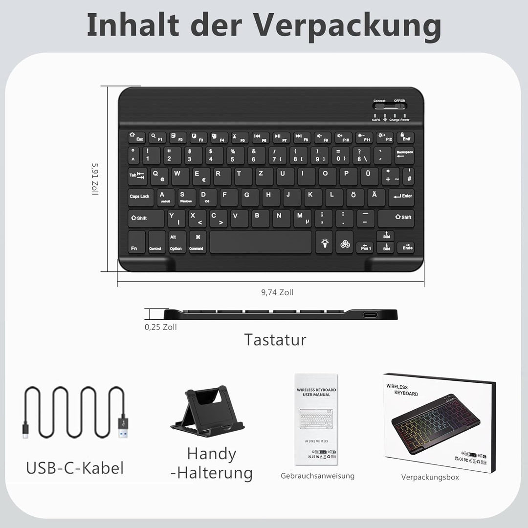 Vobafe Bluetooth Tastatur mit Telefonhalter für iPad Air/Pro/Mini/A16/11/10.9/10.2/iPhone, Kabellose