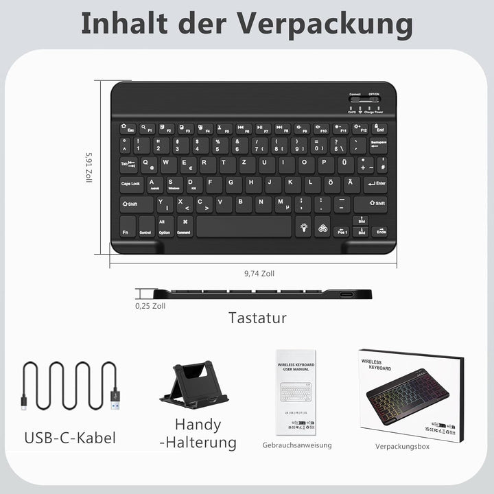 Vobafe Bluetooth Tastatur mit Telefonhalter für iPad Air/Pro/Mini/A16/11/10.9/10.2/iPhone, Kabellose