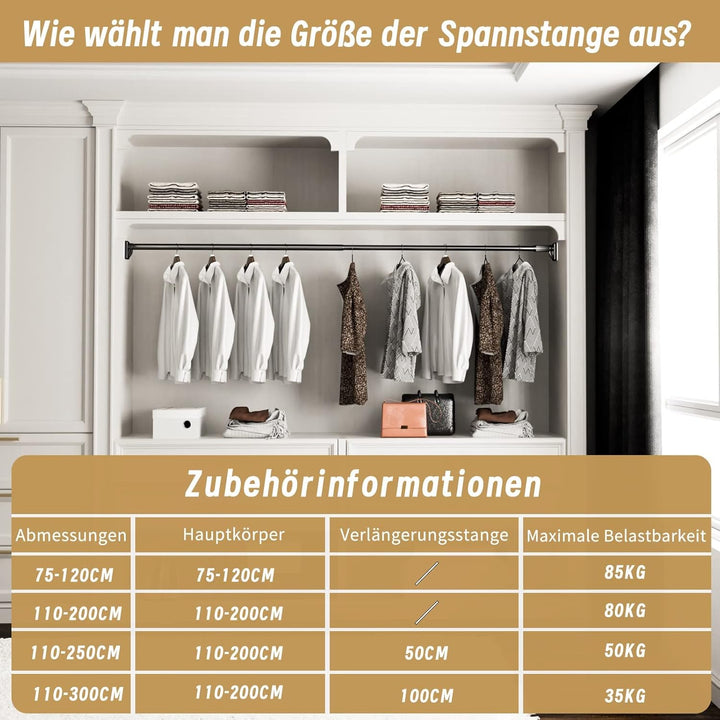 Gardinenstange ohne Bohren - Teleskopstange für Vorhänge, Belastbar bis 85kg, 75-120cm Länge, 33mm D