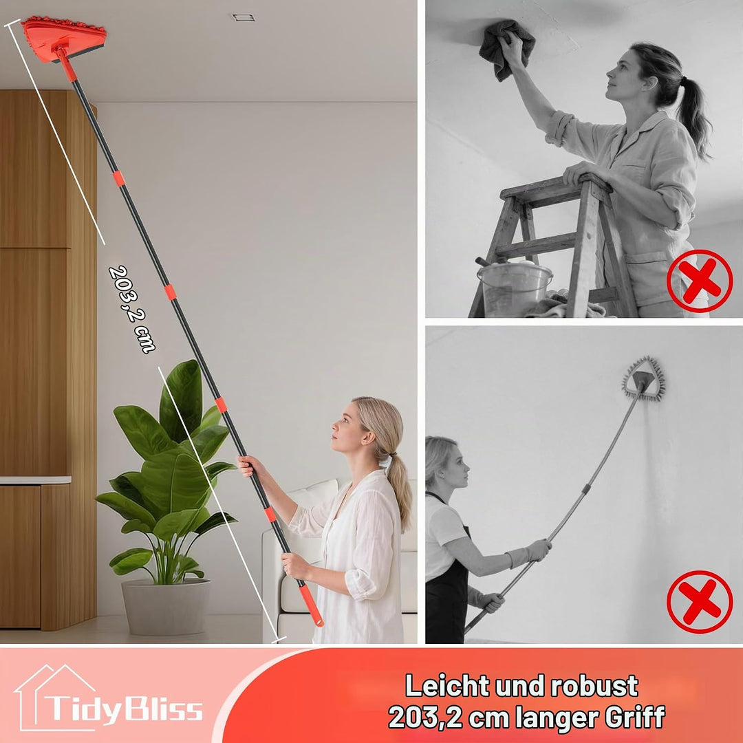 TidyBliss Bodenwischer Wandmop mit 202 cm Langem Stiel, 360°Drehbarer Dreieck Wischmopp mit Klappbar
