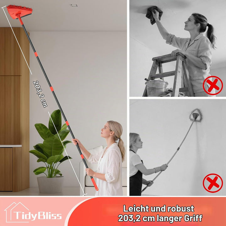 TidyBliss Bodenwischer Wandmop mit 202 cm Langem Stiel, 360°Drehbarer Dreieck Wischmopp mit Klappbar