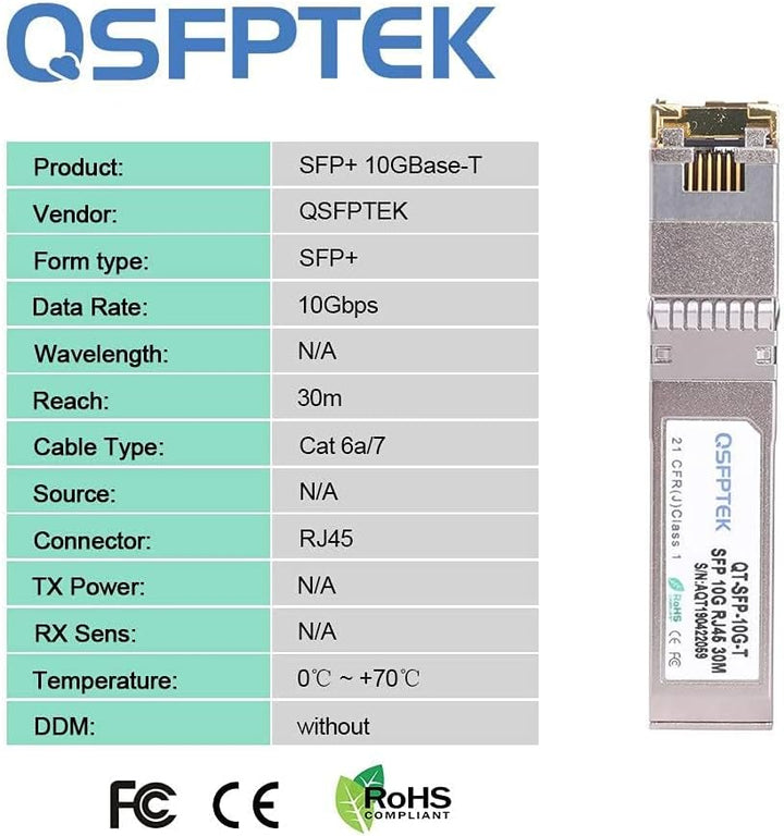 QSFPTEK 10G-T SFP+ Kupfer-RJ45-Modul, 10GbE Mini GBIC 10GBASE-T-Transceiver für Intel E10GSFPT (Cat6