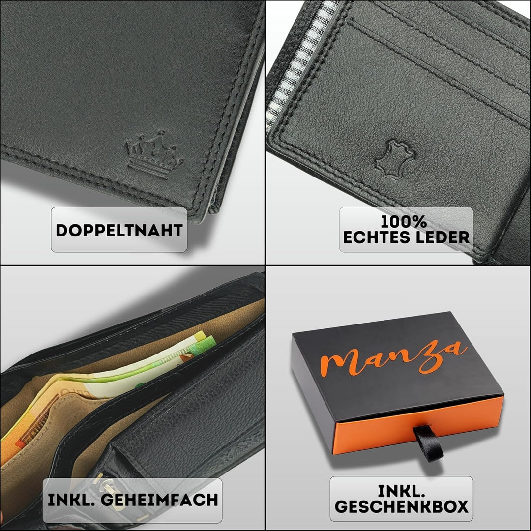 Manza Leder Geldbörse Herren mit RFID Schutz und Geheimfach I Echtleder Geldbeutel für Männer mit Ge