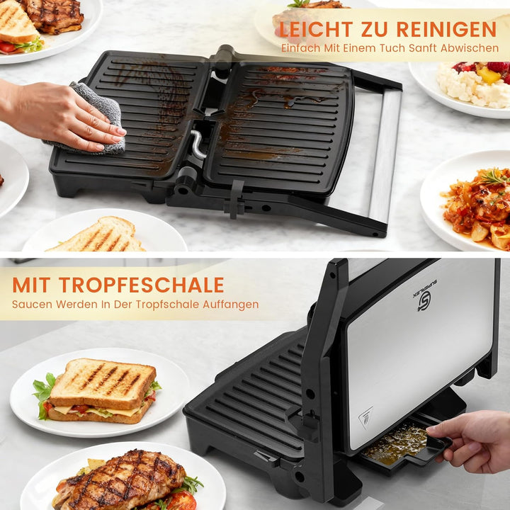 Edelstahl Kontaktgrill Elektrogrill 1500W mit Antihaftplatten | Sandwichmaker & Panini Grill für Ste