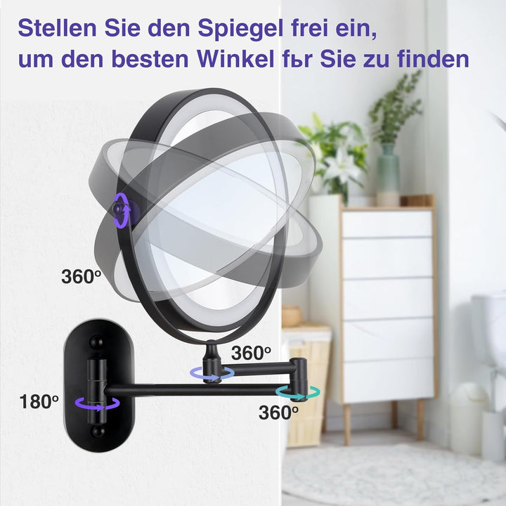 LED Kosmetikspiegel mit Wandhalterung, 30-fache Vergrösserung, 3 Lichtfarben, USB-Aufladung, Schwarz