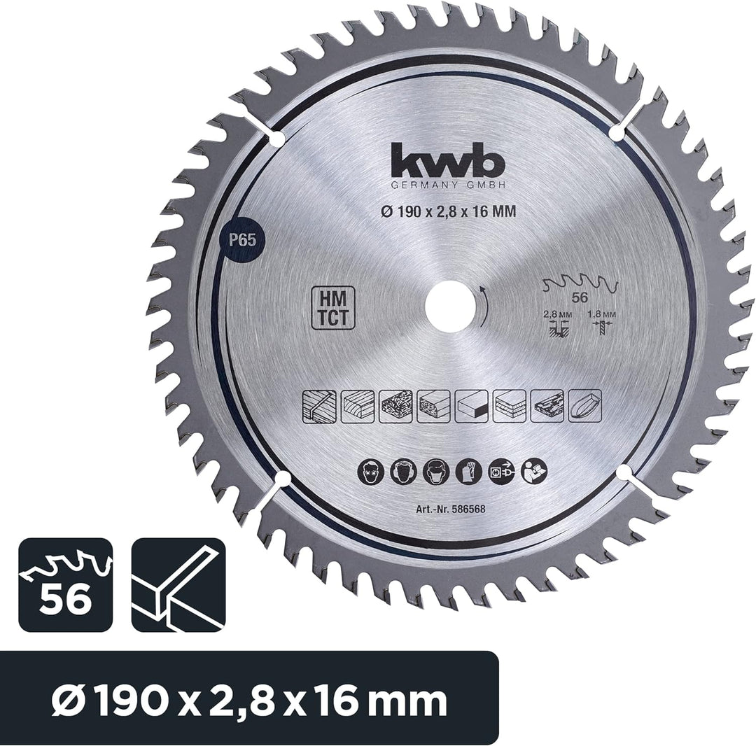 kwb Kreissägeblatt 190 x 16 mm, sehr feiner Schnitt, Sägeblatt geeignet für Arbeitsplatten, Holz und
