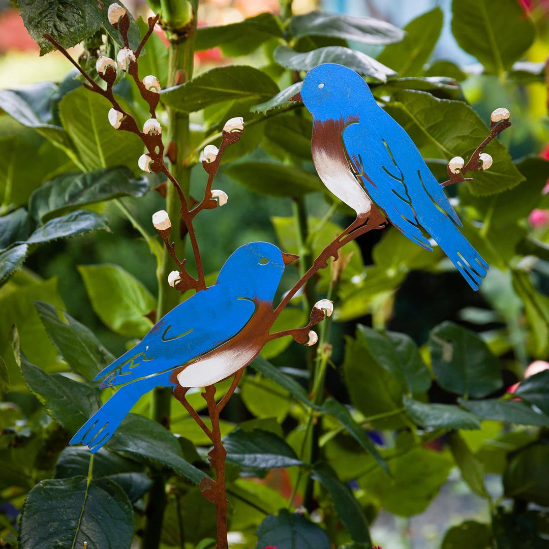 Vogel Gartenstecker 58cm Hoch Metall Bemalte Vogel Gartendeko für Draussen, Blaue Vögel auf Zweigen
