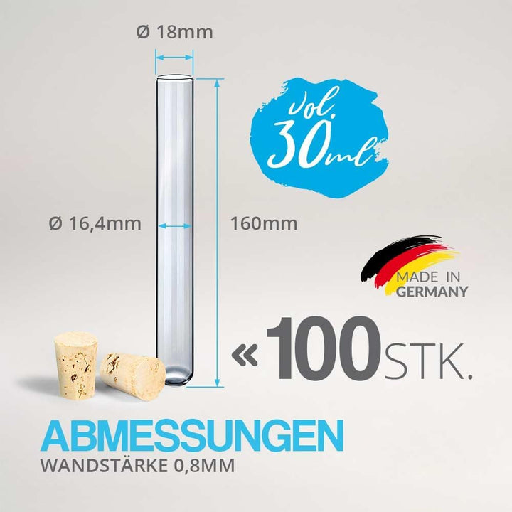 Tuuters 100 Glas Reagenzgläser mit Korken Verschluss Naturkorken, kleine Gewürzgläser (160 x Ø 18mm)