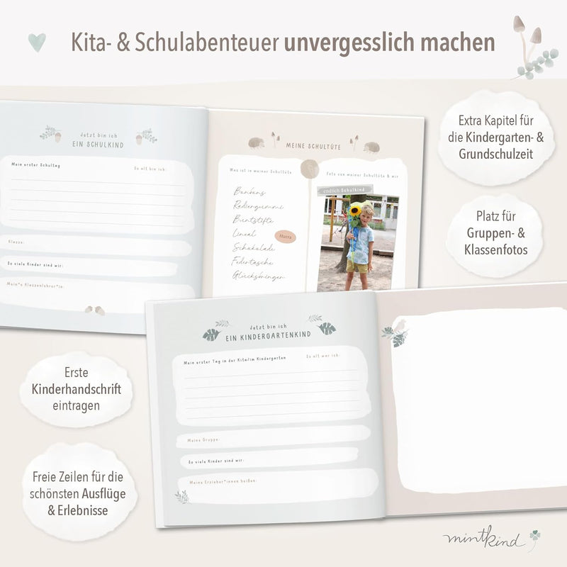 mintkind® "Meine Kindheit" Erinnerungsalbum Beige + Sticker Set I deine ersten 10 Jahre I Fotoalbum