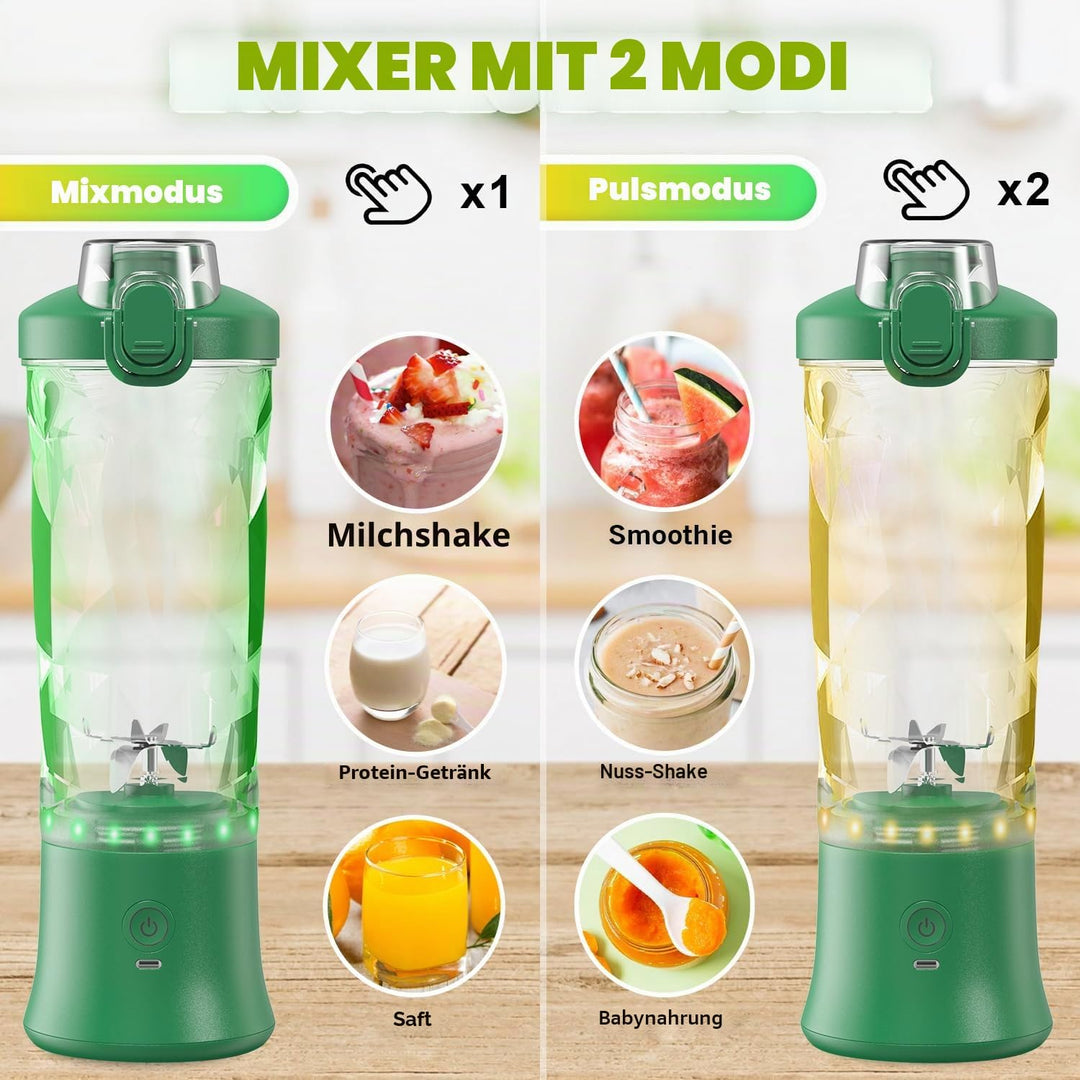 Tragbarer Mixer Smoothie Maker - 600ml Mini Standmixer to Go - 6 Klingen, Reisedeckel und Isolierte