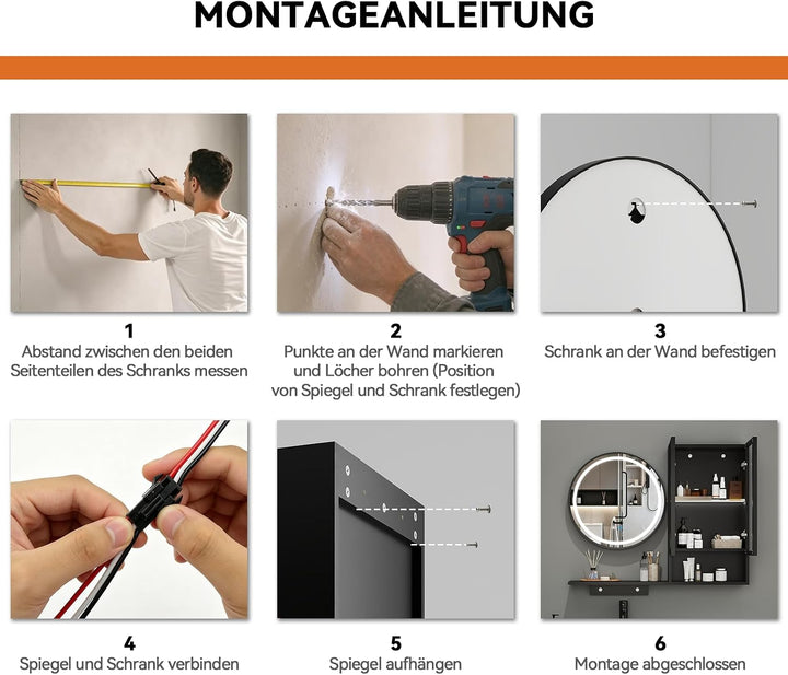 YOURLITE Badspiegel mit Beleuchtung und Ablage 50Rund,Beschlagfrei,Schrank Schwarz+schrank, Schwarz+