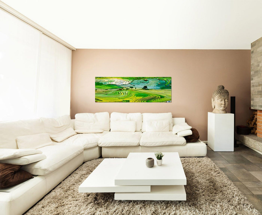 Paul Sinus Art Panoramabild auf Leinwand und Keilrahmen 150x50cm Vietnam Landschaft Reisfelder Terra