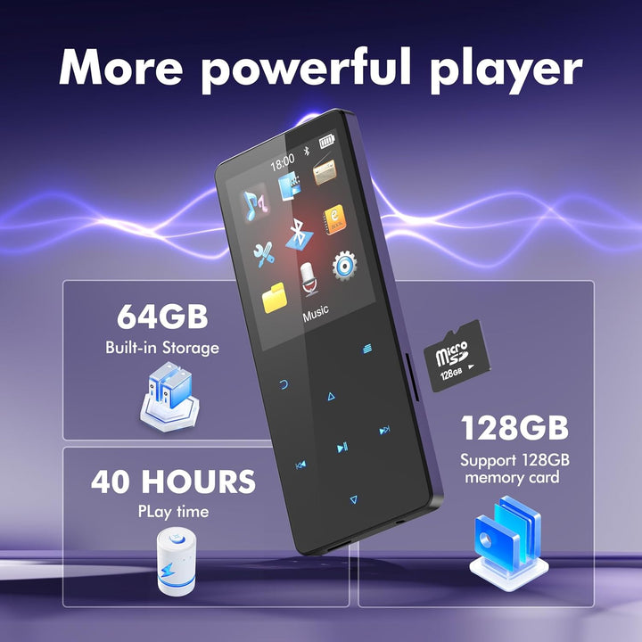 64GB MP3 Player Bluetooth 5.3 Portable Musik MP3-Player Kinder mit kopfhörer Grossartig für Sport,FM