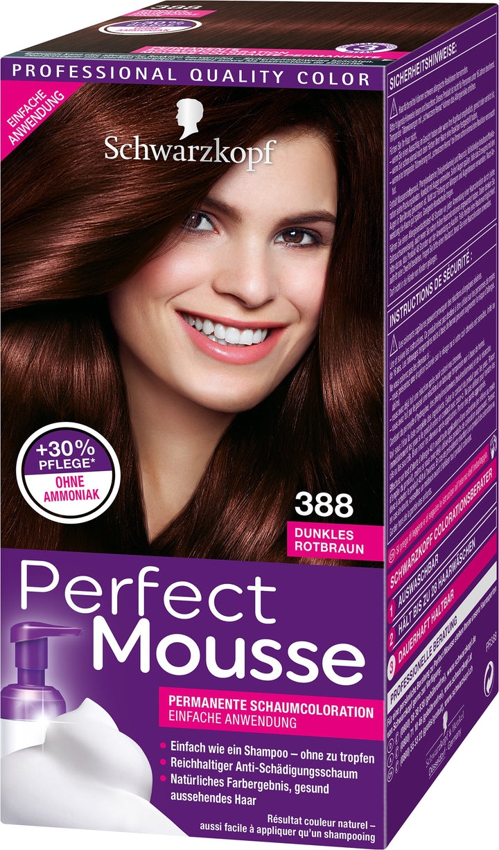 Schwarzkopf Perfect Mousse Permanente Schaumcoloration, 388 Dunkles Rotbraun Stufe 3, 3er Pack (3 x