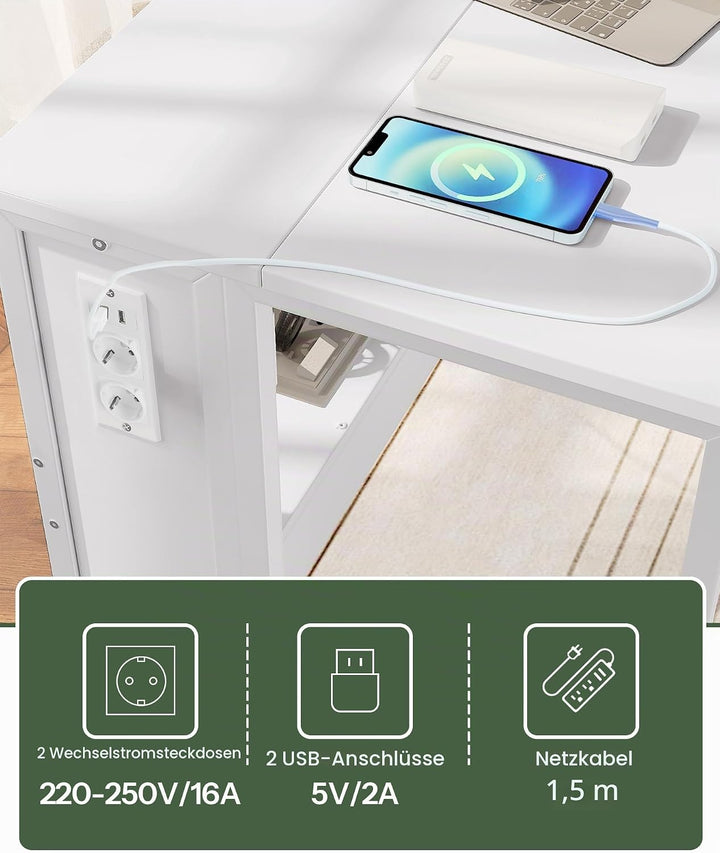 Klappbarer Computertisch mit Rollen, Kleiner Klapptisch mit Ladestation, 80 cm klappbarer Schreibtis