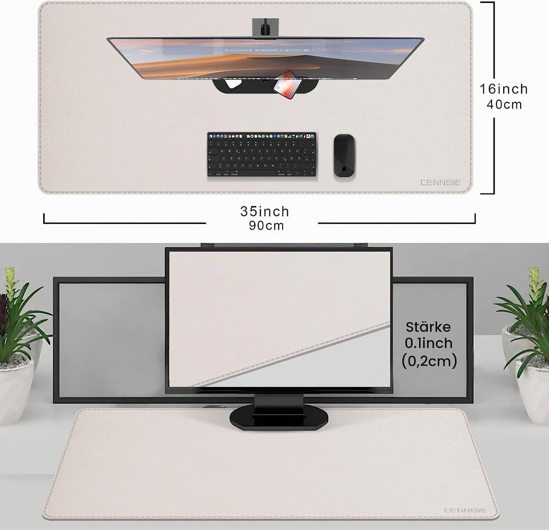 CENNBIE Schreibtischunterlage Leder 90 x 40cm，Extra grosseTischunterlage, erweitertes PU-Leder Mausp
