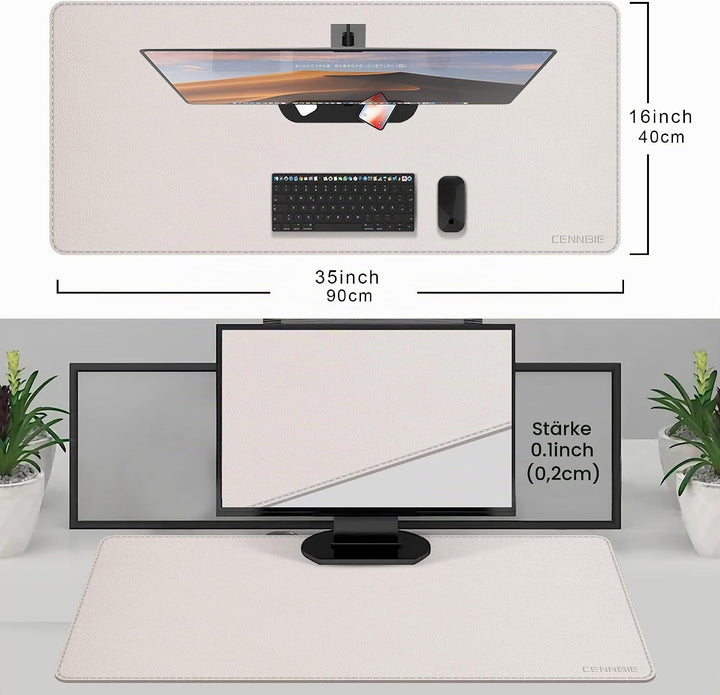 CENNBIE Schreibtischunterlage Leder 90 x 40cm，Extra grosseTischunterlage, erweitertes PU-Leder Mausp
