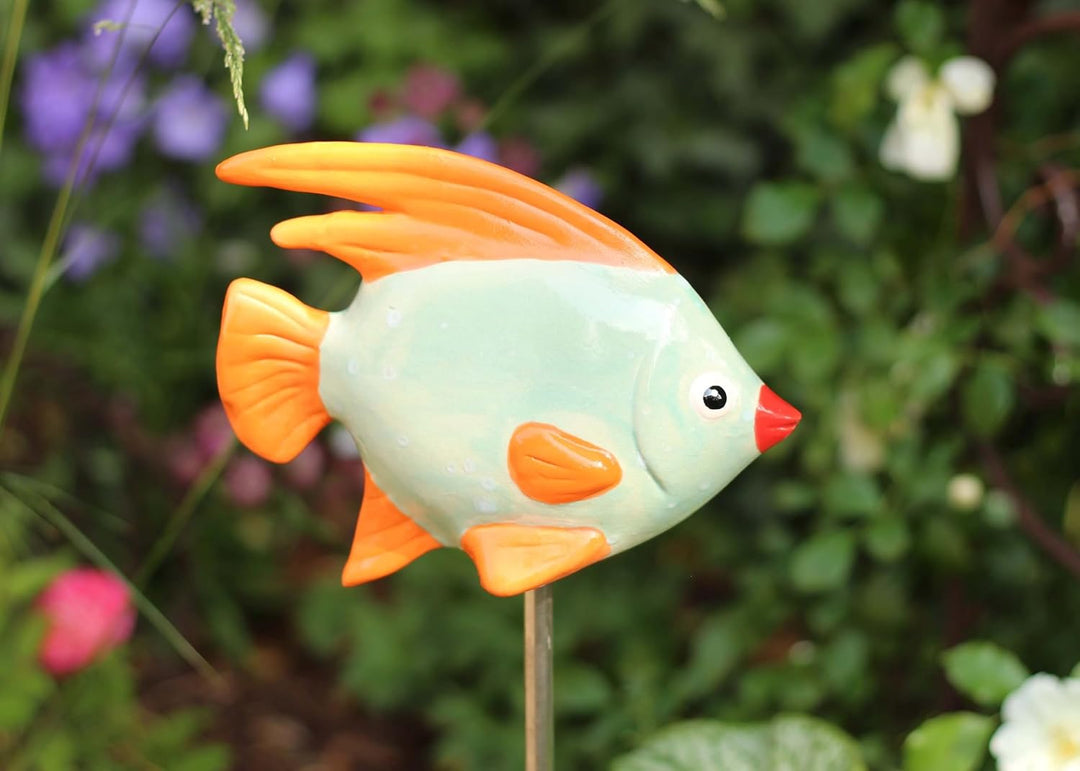 Gartenfigur Fisch aus Keramik Mint-Orange Gartendeko Gartendekoration Teichdeko, Mint-Orange