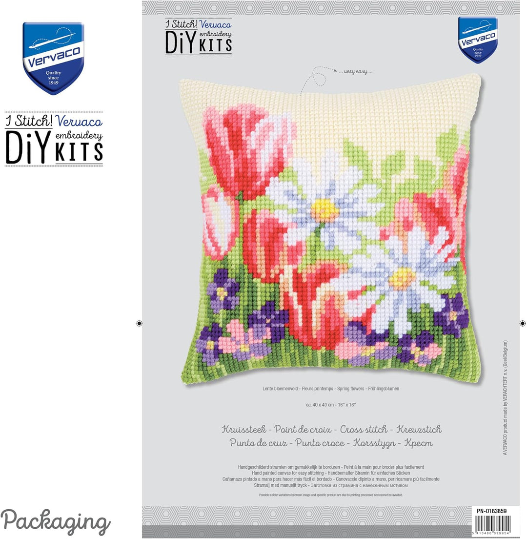 Vervaco Kreuzstichkissen Frühlingsblumen, Stickbild vorgezeichnet Kreuzstichpackung Kissen, vorbezei