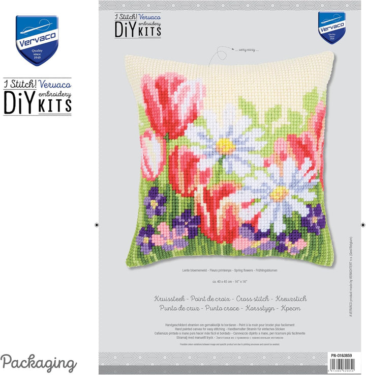 Vervaco Kreuzstichkissen Frühlingsblumen, Stickbild vorgezeichnet Kreuzstichpackung Kissen, vorbezei