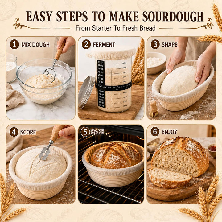 Sauerteig Starter Set 14-teilig, Gärkörbchen 23cm Rund &amp; 25cm Oval | Brot Backen Zubehör mit Gärkörb
