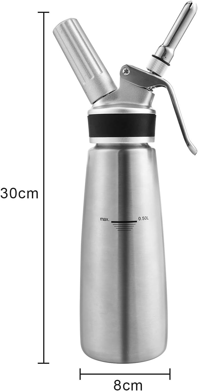 Sahnespender Sahnesyphon Edelstahl, 0,5 L Schlagsahnebereiter mit 3 Edelstahl Deko-Düsen und 1 Reini