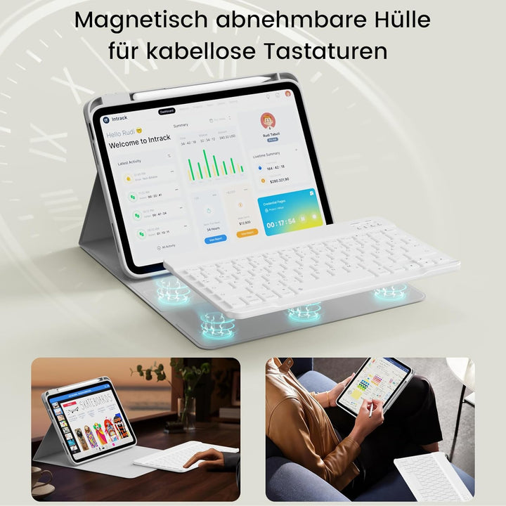 Hülle mit Tastatur für iPad 11/10 Generation mit Stifthalter, Magnetisch Abnehmbare Kabellose Blueto