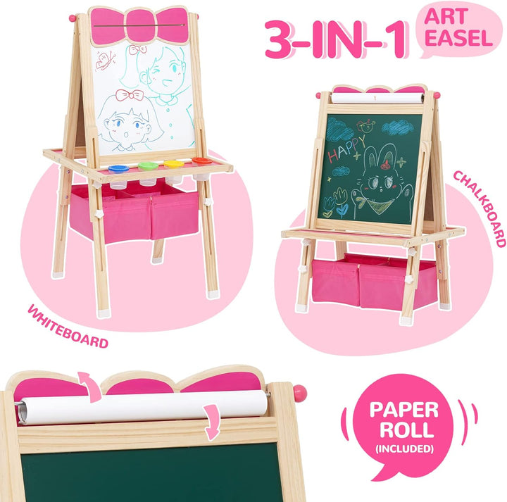 Siairo Kinder Spiel-Tafel aus Holz Höhenverstellbar Kinder Staffelei mit Papierrolle Schöne Schleife