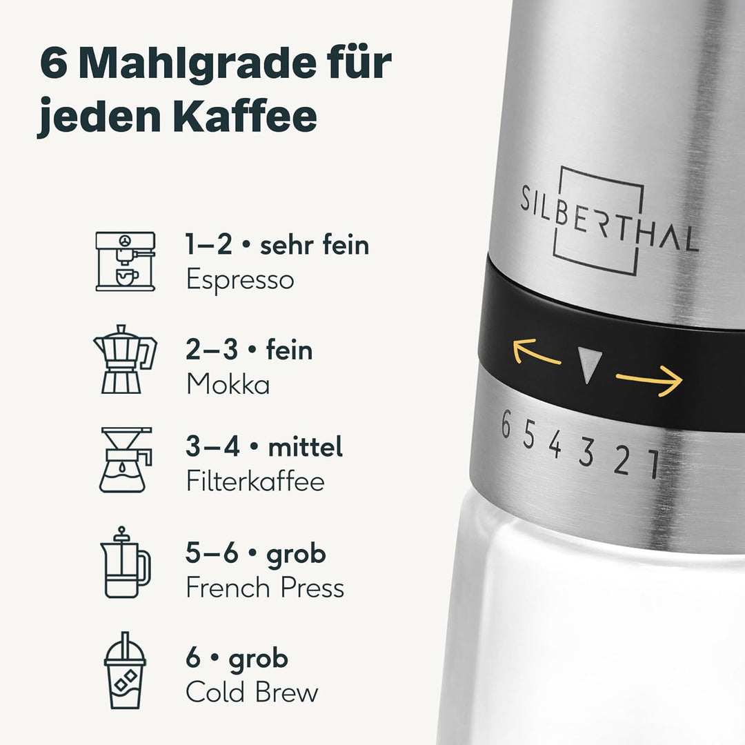 SILBERTHAL Kaffeemühle Manuell Kegelmahlwerk - Verstellbarer Mahlgrad - Handmühle aus Edelstahl und