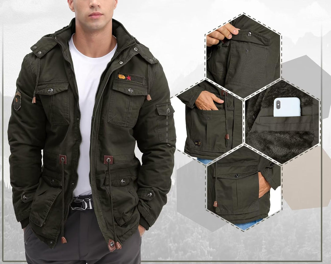 Winterparka Herren Fleece Gefüttert Winterjacke mit Viele Taschen Kapuze Warm Winter Mantel Übergang