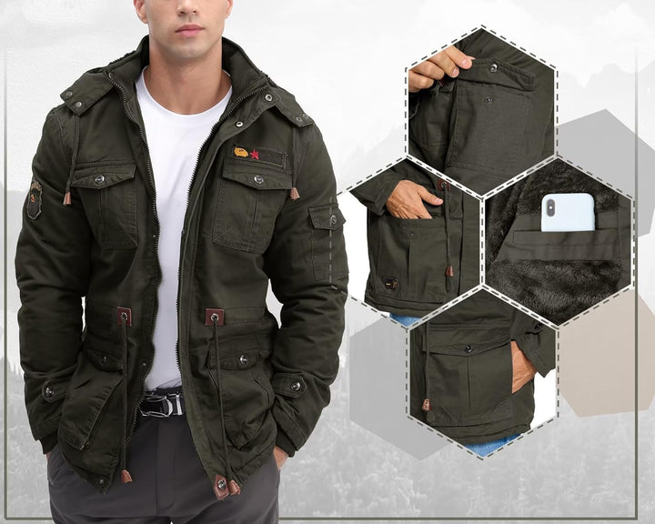 Winterparka Herren Fleece Gefüttert Winterjacke mit Viele Taschen Kapuze Warm Winter Mantel Übergang