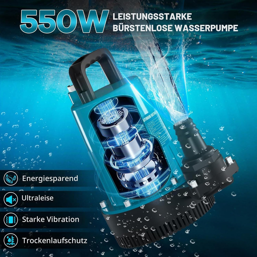 Akku Tauchpumpe Kompatibel mit Makita 18V Batterie (Ohne Akku), 2800L/H Fördermenge, Förderhöhe 12m,