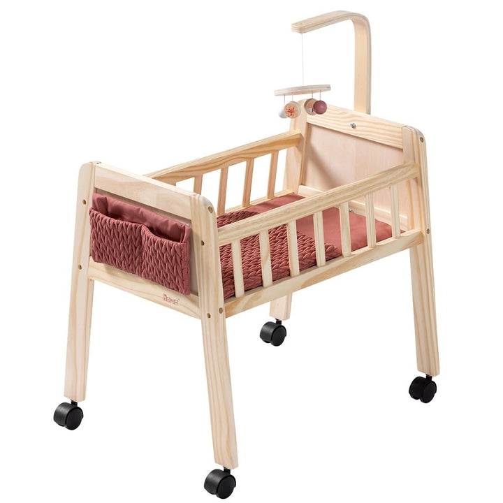 howa Puppenbett Holz Grace mit Rollen, Mobile, Matratze, Decke & Stofftasche, Puppenmöbel für Puppen
