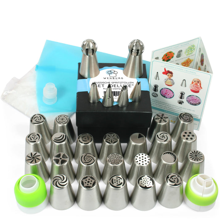 Wenburg Spritztüllen Set - 29 teilig - Verschiedene Spritzbeutel mit Tüllen Profi - Backset mit viel
