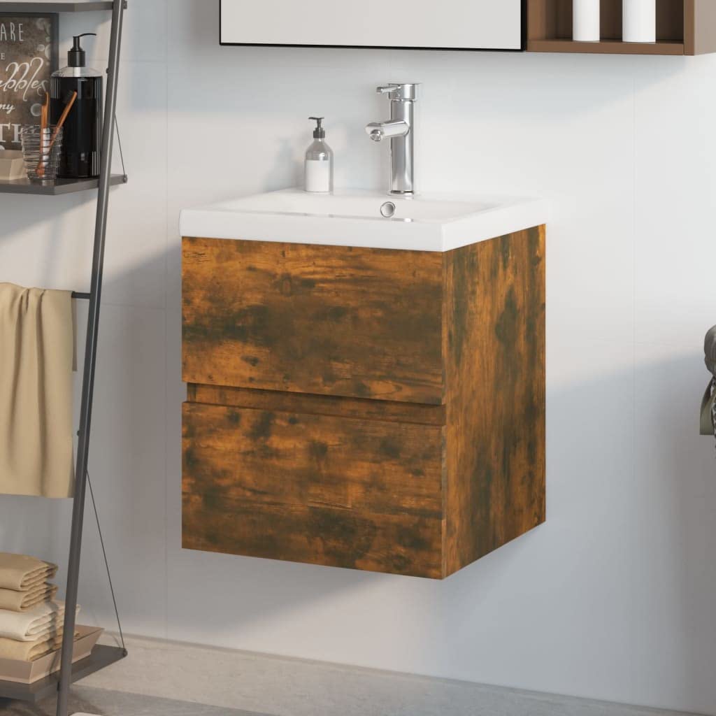 WIFESE Waschbeckenschrank mit Einbaubecken & Wasserhahn 42x39x18,5 cm mit Wasserhahn Räuchereiche Ho