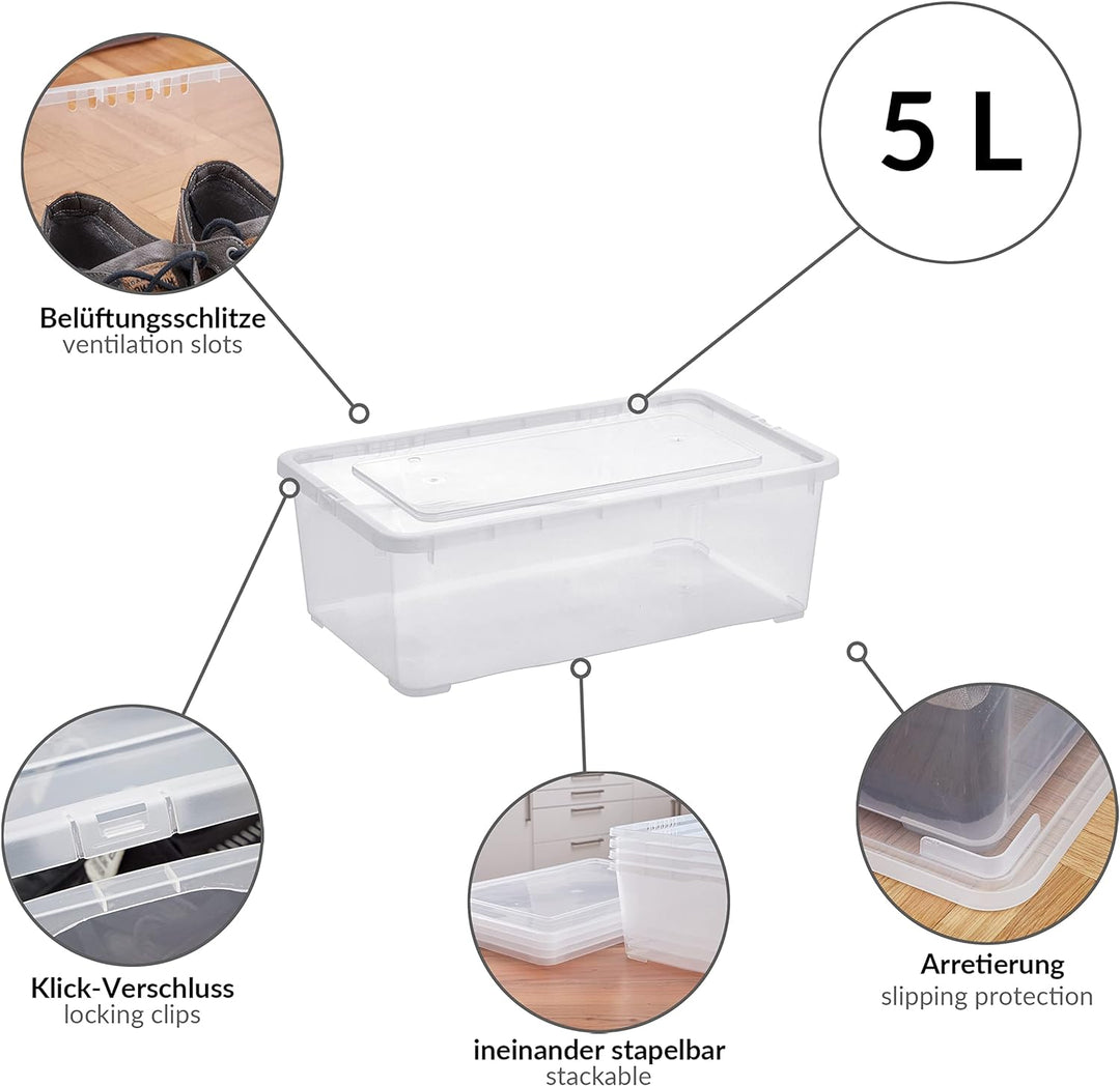 Grizzly Aufbewahrungsboxen 5 x 5 L mit Deckel transparent - Klarsichtboxen stapelbar mit Belüftung 5