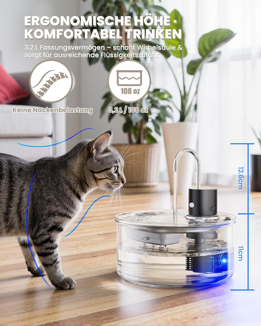 Tomxcute Trinkbrunnen für Katze Kabellos 3,2L, Katzenbrunnen Glas mit Bewegungsmelder, 5000mAh Wiede