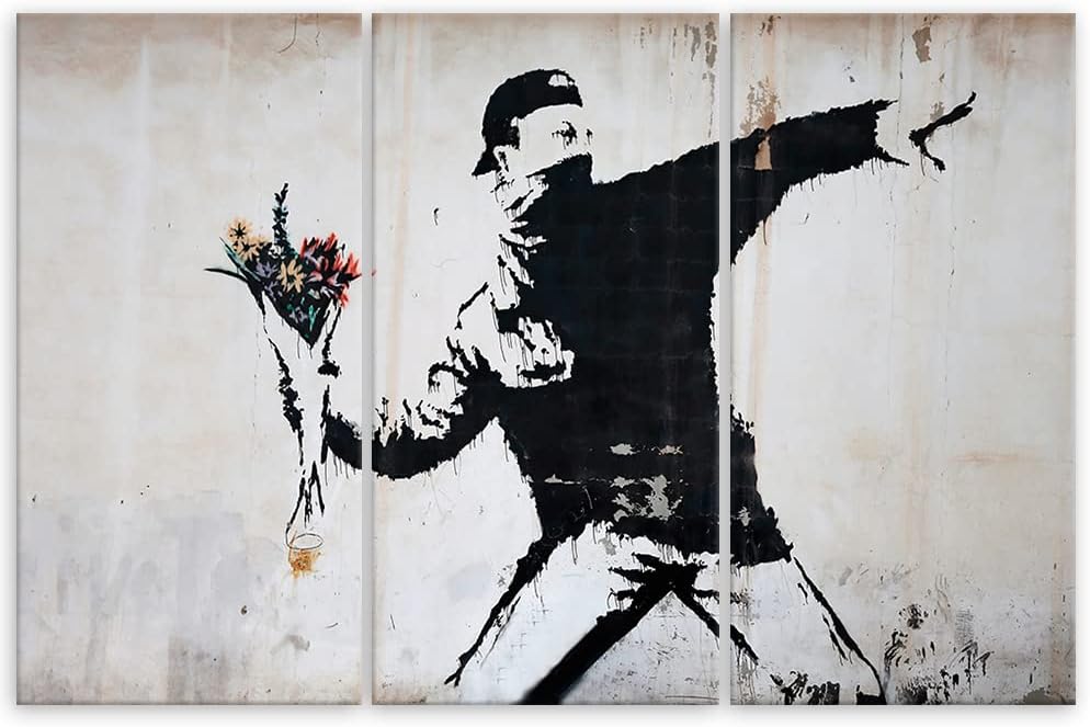 Feeby 3-teilig Bild auf Leinwand 60x40 cm Banksy Graffiti Strassenkunst Kunstdruck Modern Wandbilder