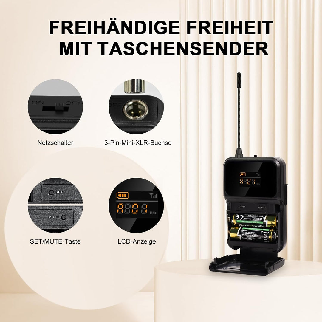 Kabelloses UHF-Mikrofonsystem mit 4 x 10 Frequenzen, 200 Fuss, 2 dynamischen Handmikrofonen, 2 Bodyp