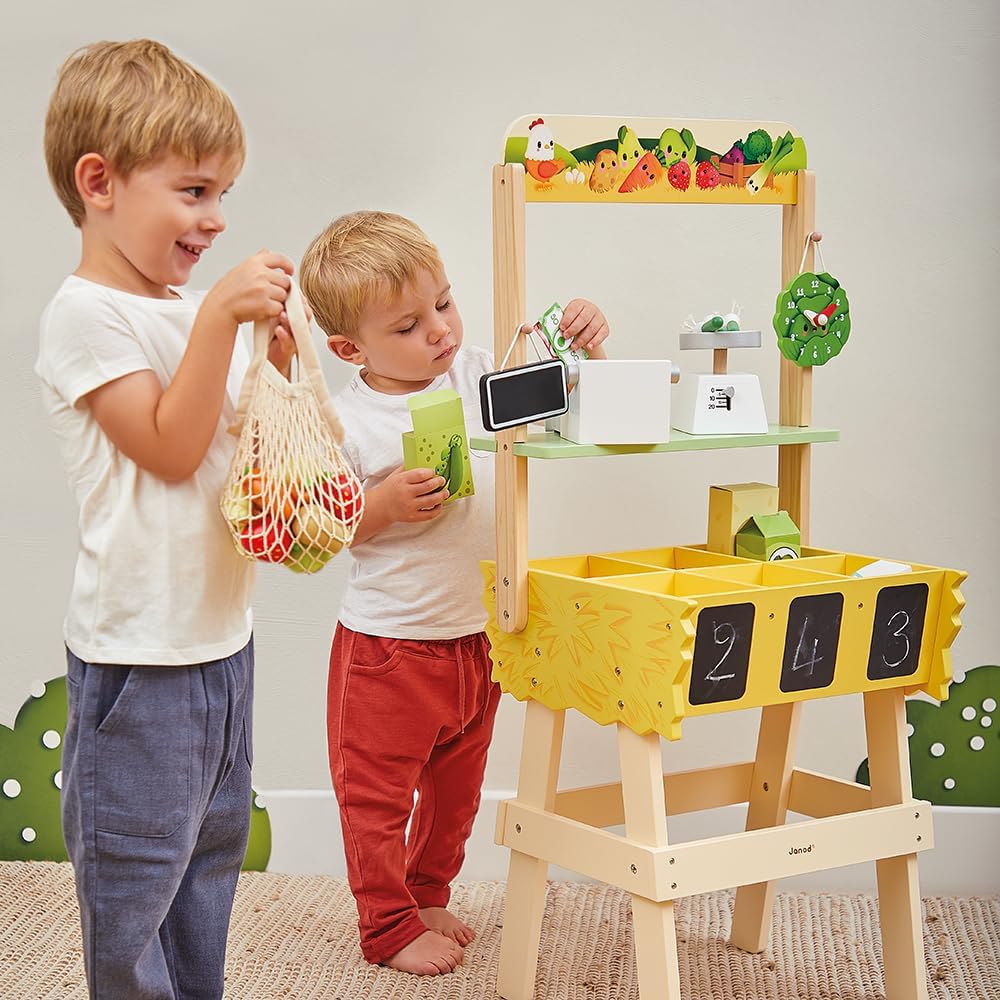 Janod - Kinder-Kaufladen Farm Market - Rollenspiel Kind - 32 Zubehörteile - Fördert die Fantasie - S