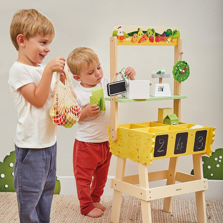 Janod - Kinder-Kaufladen Farm Market - Rollenspiel Kind - 32 Zubehörteile - Fördert die Fantasie - S