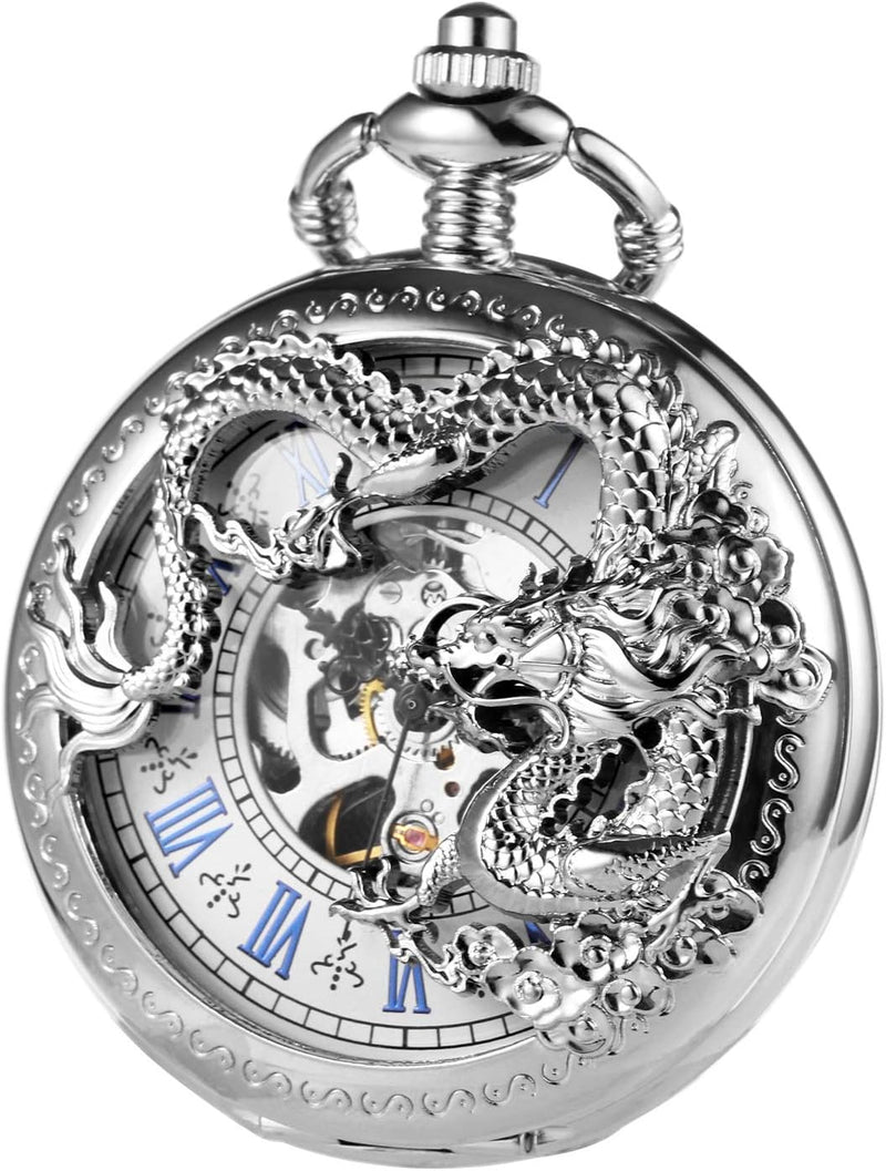 TREEWETO Taschenuhr mit Kette Herren Analog Mechanisch Handaufzug Doppelscharnier Antik Drache Römis